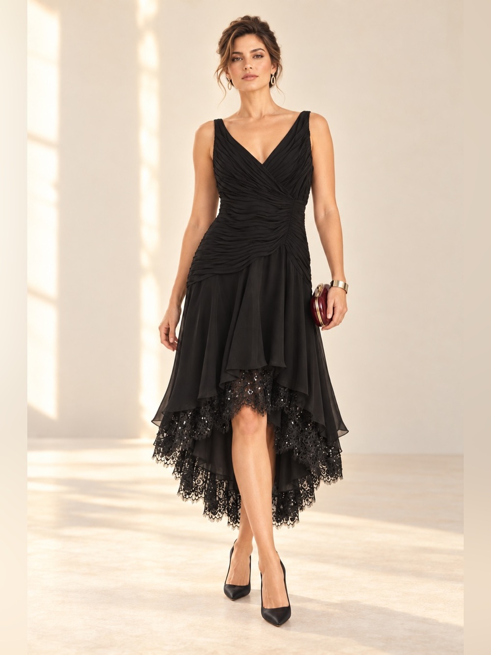 Tadashi Shoji Vintage Silk High Low Lace Sequin Evening Gown Sz 12